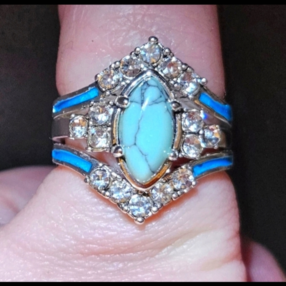 Turquoise 3 Ring Set | Boho | Moissanite | Silver Plated | Stackable | Size 9 🆕